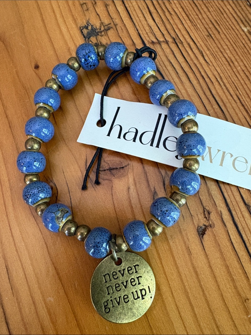 Blue Beaded Stretch Bracelet with Antique Gold Accent Charm